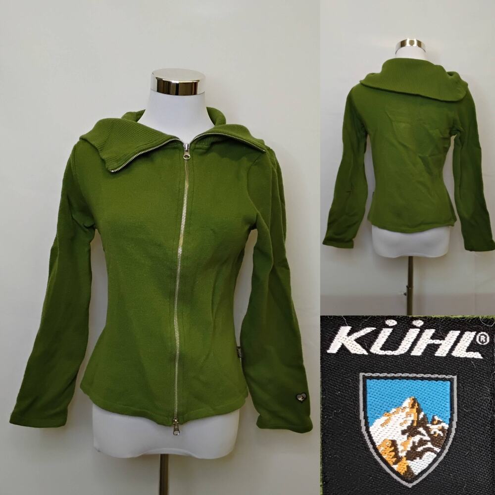 Kuhl Merino Wool Sweater Women's M Green Full Zip Shrunken - see measure #J5587